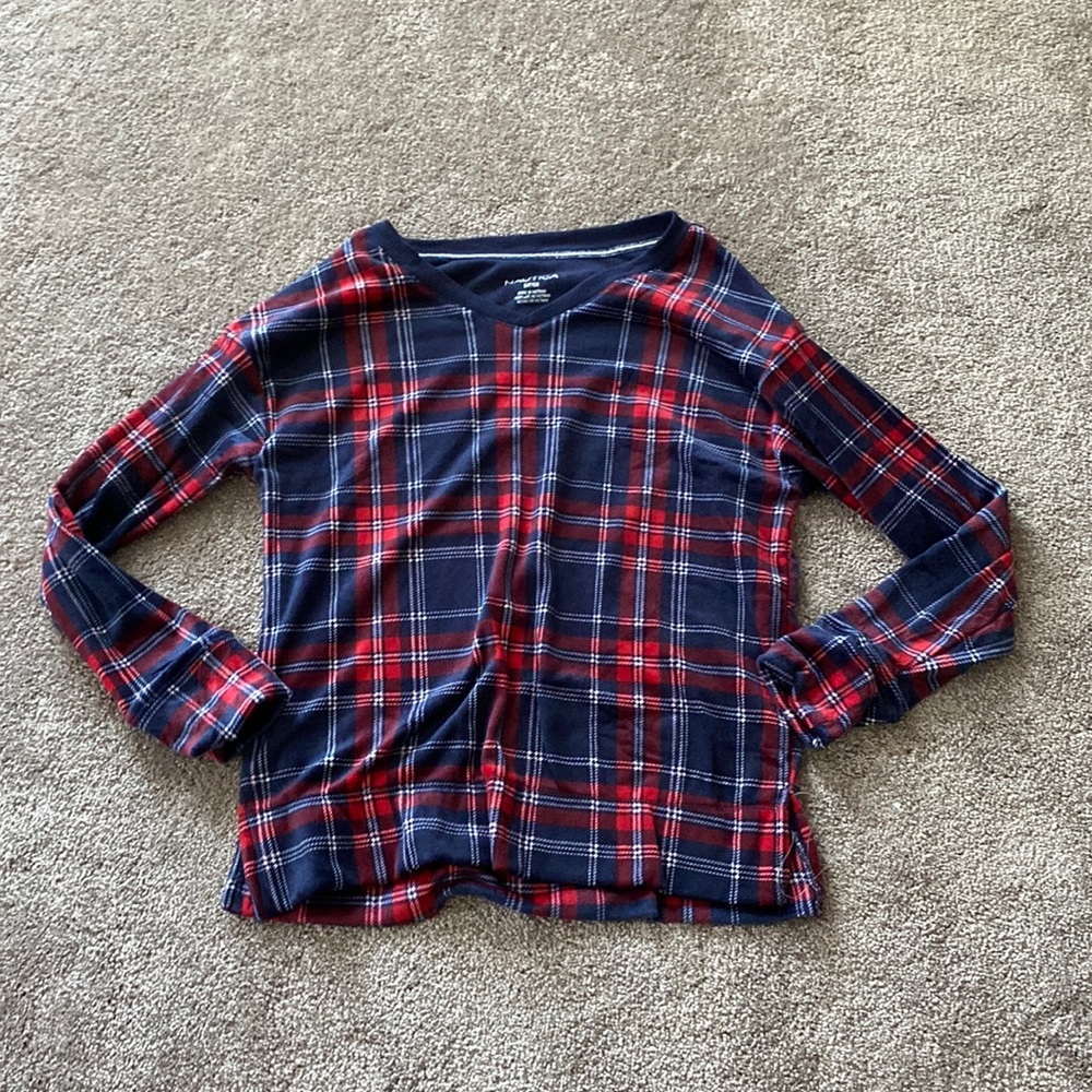Nautica Plaid Fleece Pajama Top Red Blue Long Sleeve Cozy Sleepwear SIZE S